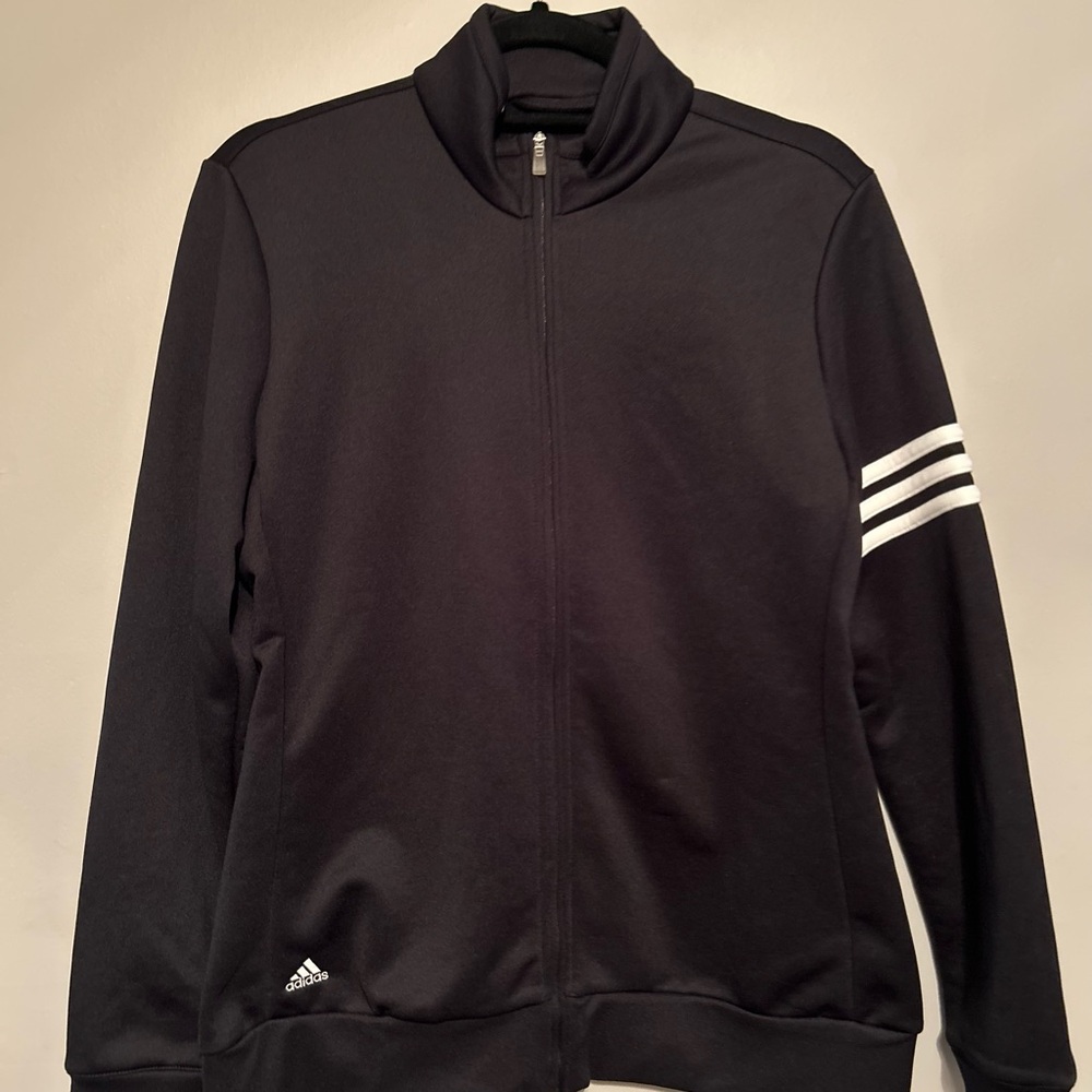 Adidas Men's Black Windbreaker with White Stripes